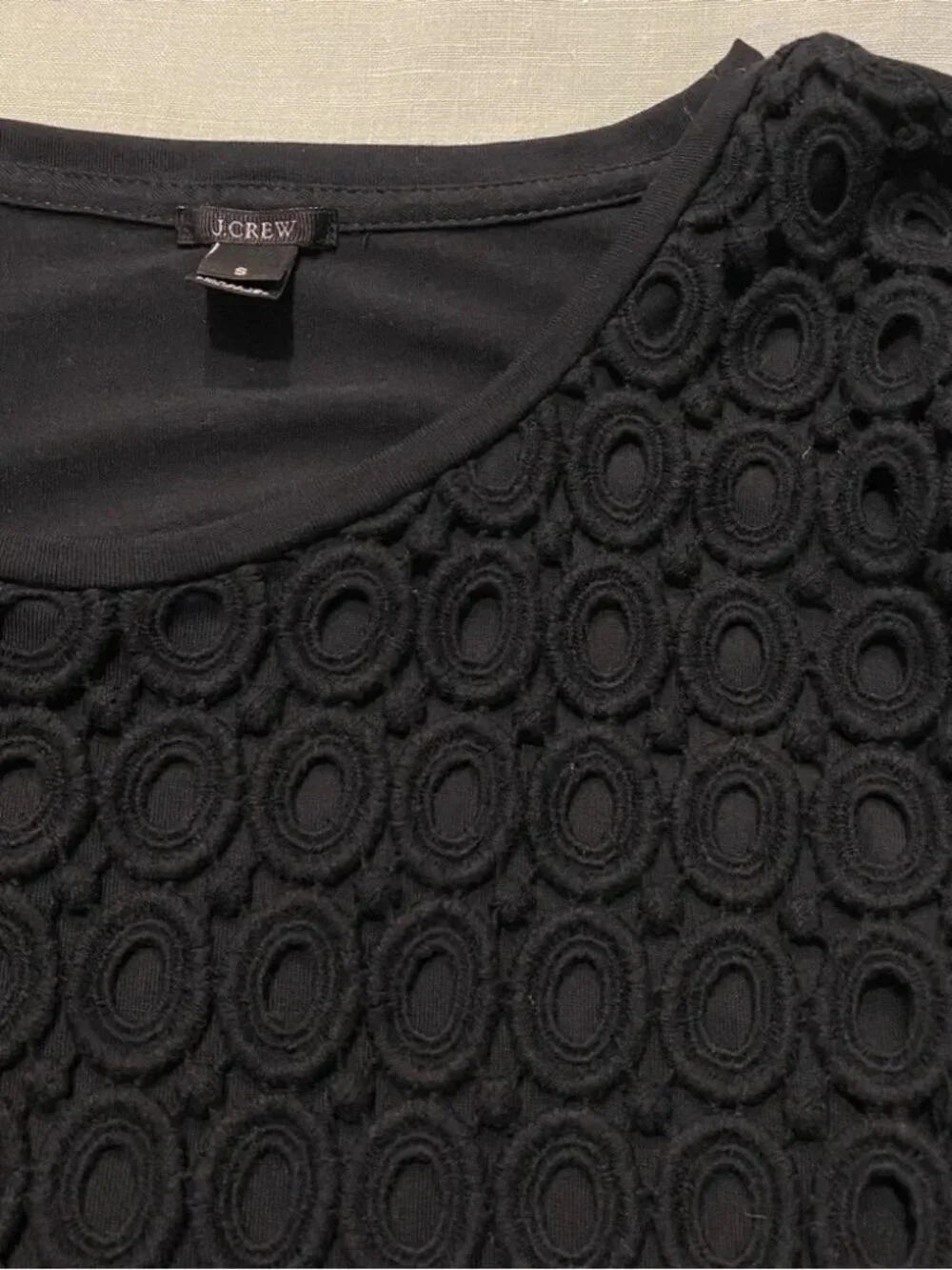 J. Crew black circle crochet lace layered tiered 3/4 sleeve cotton top